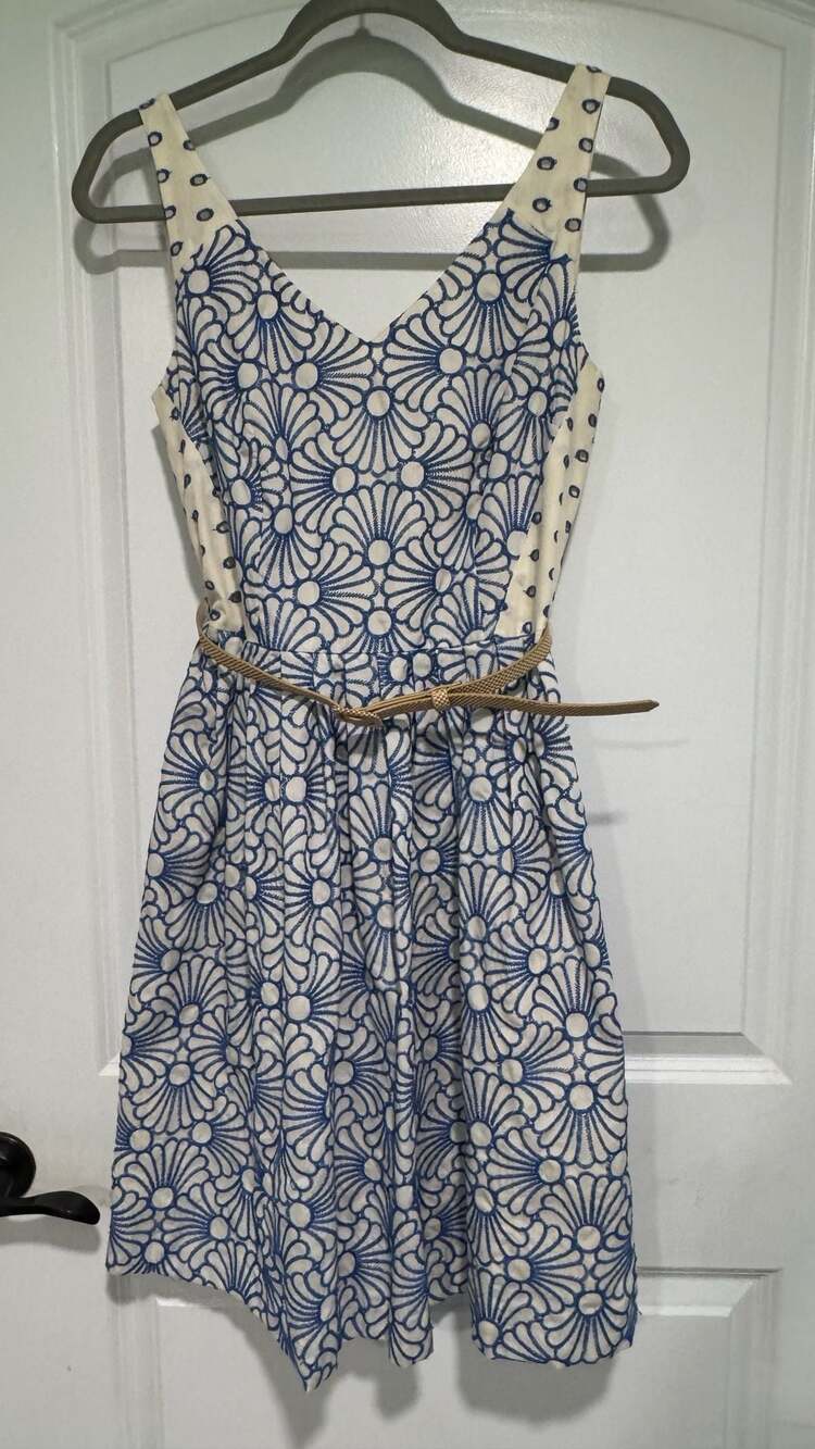 Blue White Fit & Flare Floral Belted Midi Dress Coastal Cottagecore Women’s 4